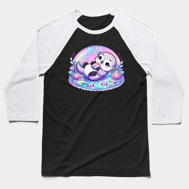 Holographic Otter Pastel Goth Kawaii Cute Chibi Pink Baseball T-Shirt by Lavender Celeste